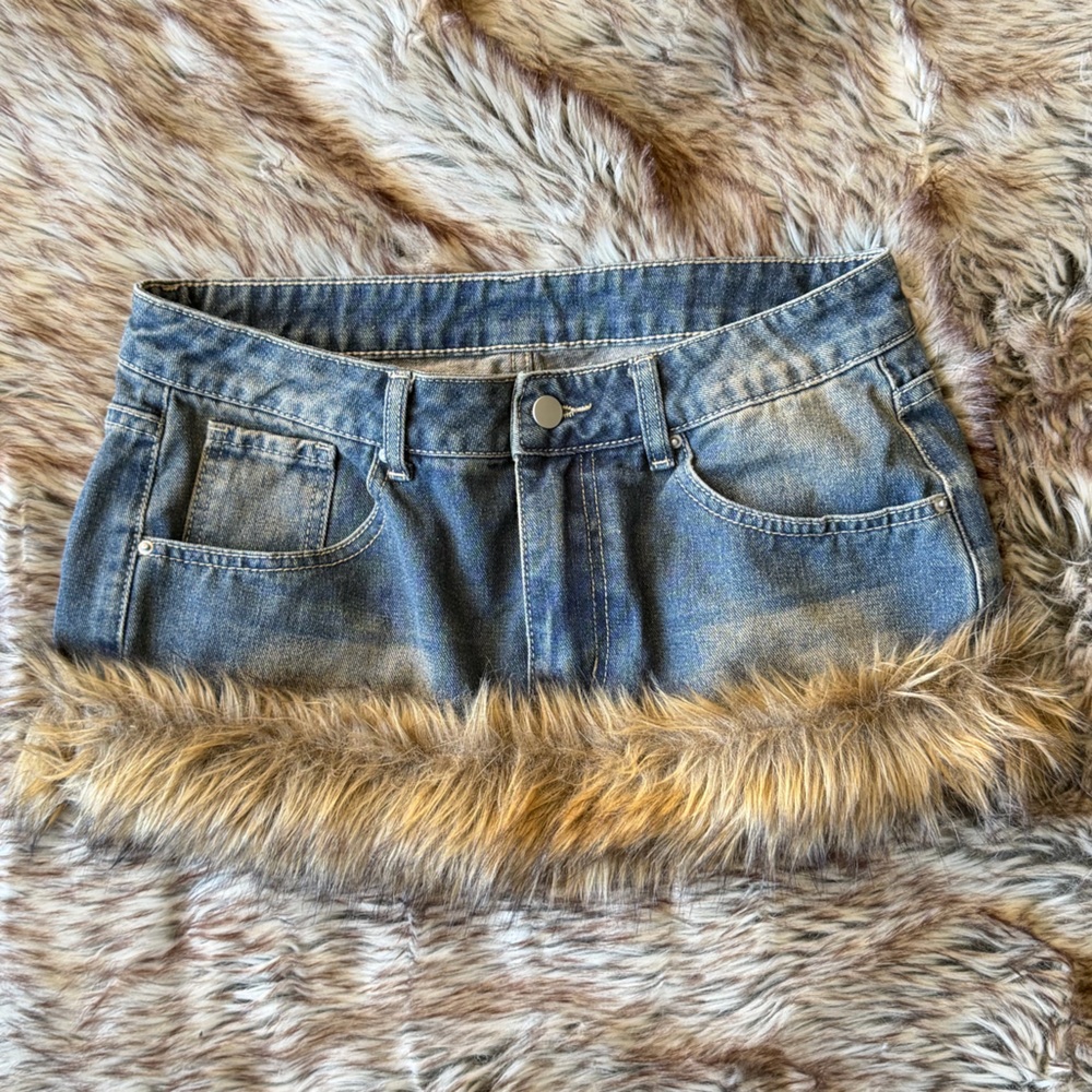Blue Denim Mini Skirt with Faux Fur Hem